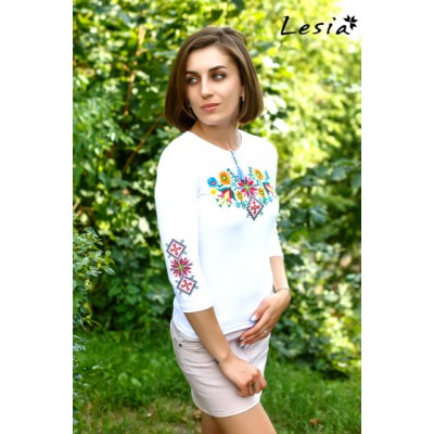 Embroidered t-shirt with 3/4 sleeves "Forest Song" mauve on white
